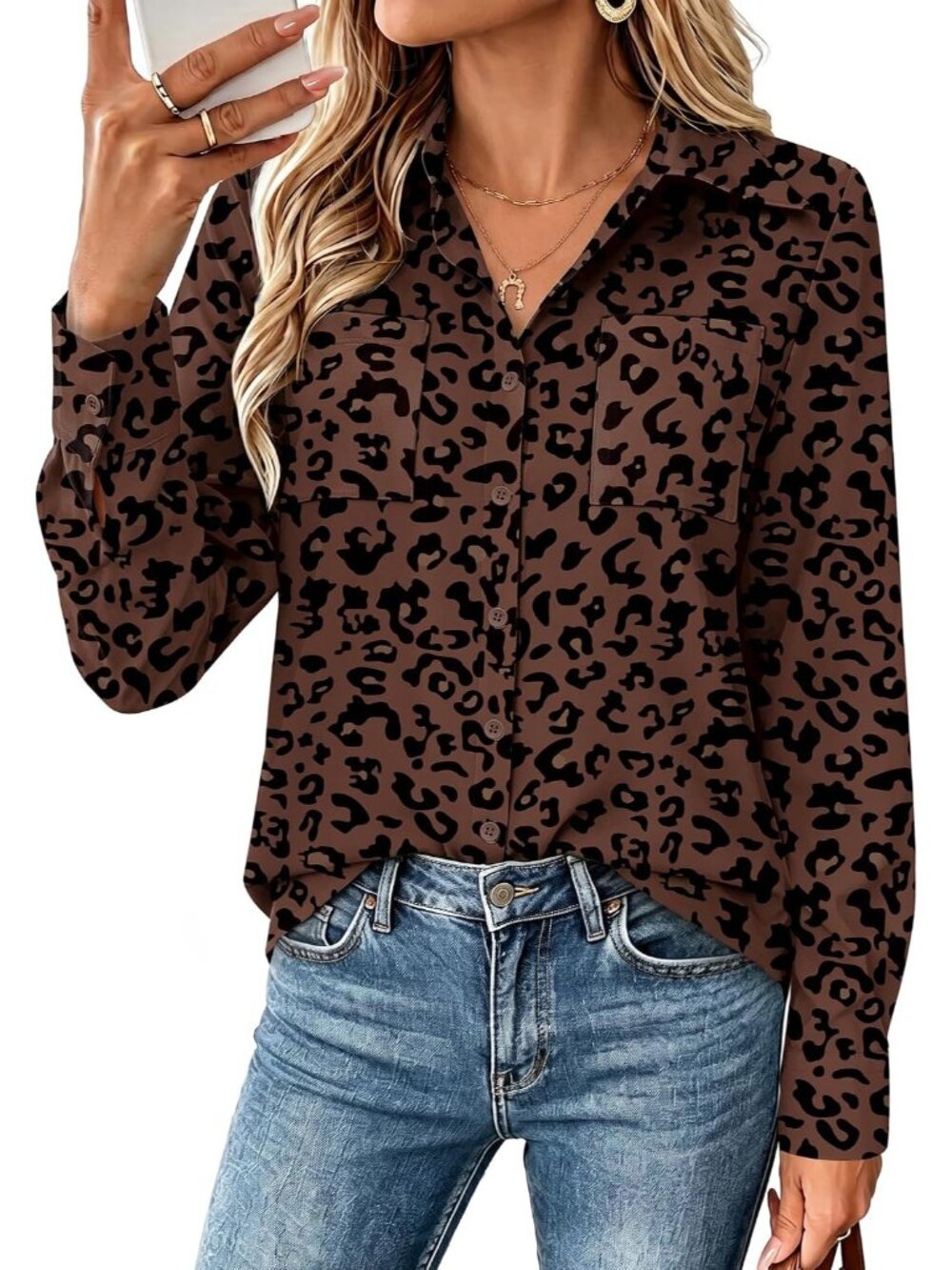 Women's Printed Leopard Long Sleeve Shirts Button Down Top Pocket Casual Blouses